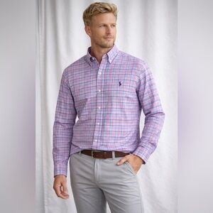 Ralph Lauren Men’s Pink & Blue Plaid Cotton Button-Down Shirt | Medium